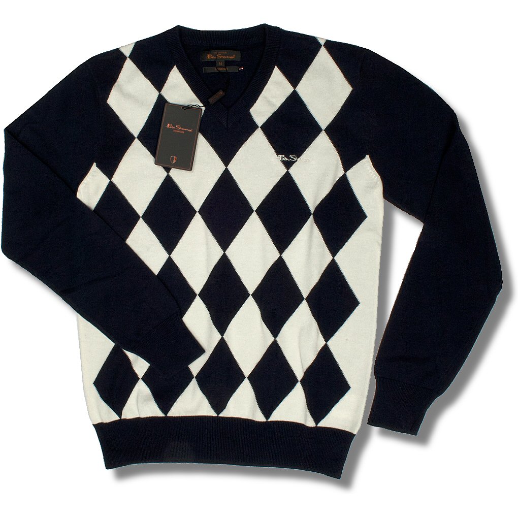 Classic Ben Sherman Retro Mod Diamond Checker V Neck Jumper Navy 3XL | Adaptor Clothing